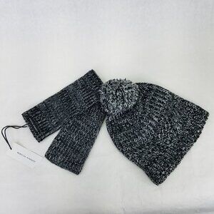 NWT Rebecca Minkoff Winter Set Black & White Pom Pom Beanie & Hand Wrist Warmers